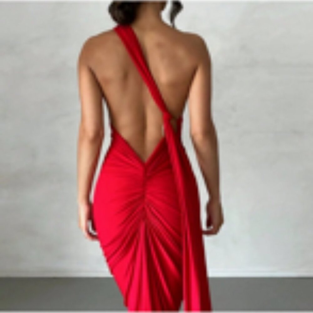 Red Sexy Women's One Shoulder Backless Fishtail Hem Dress